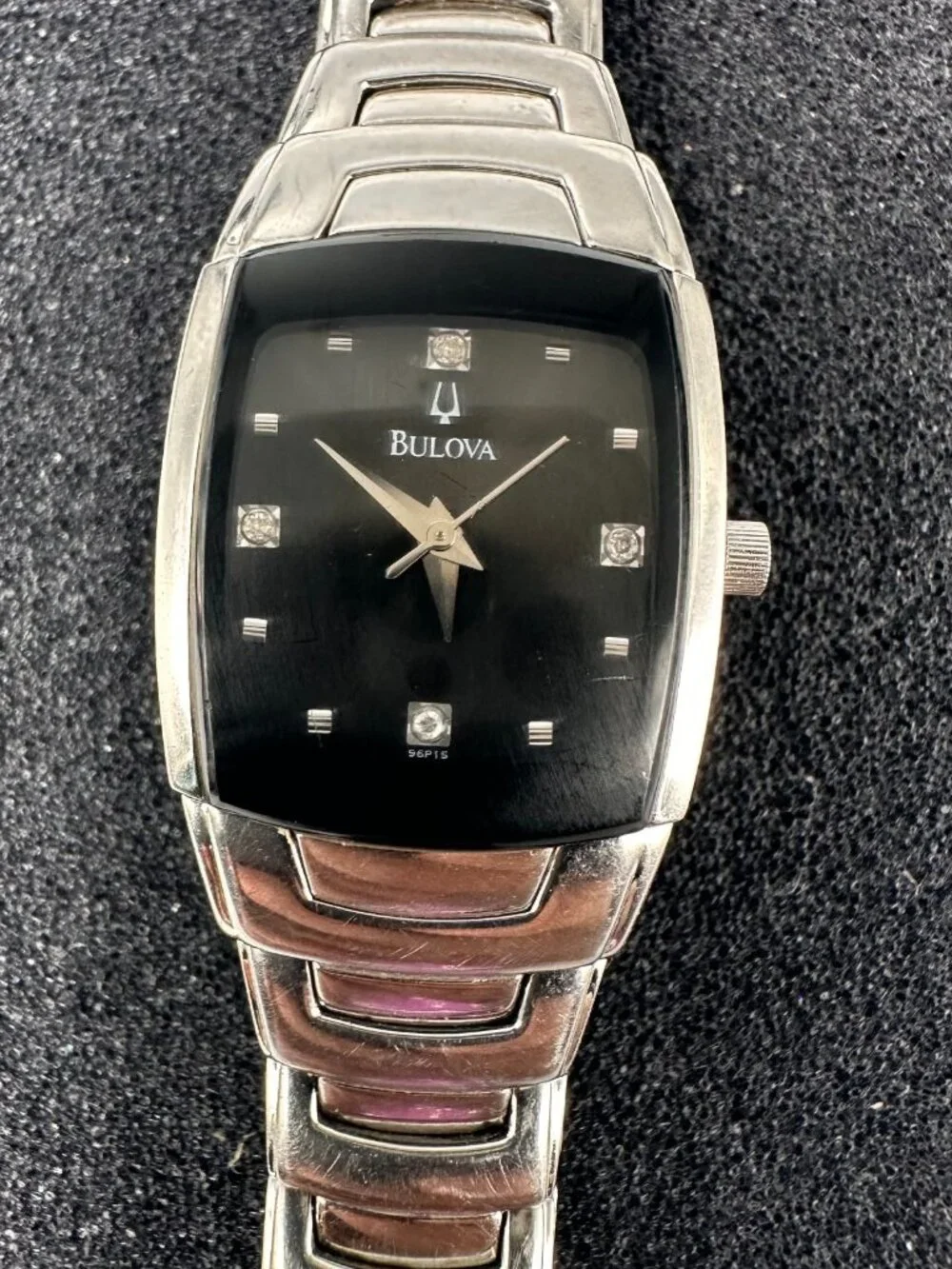 Bulova Watch Women Silver Tone Black Dial 96P15 New Battery 6.75